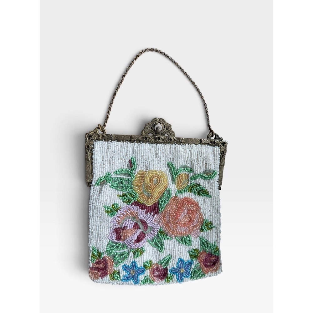 Stunning Antique 1900s Micro Beaded Purse Art Nouveau Floral Roses Ornate Brass